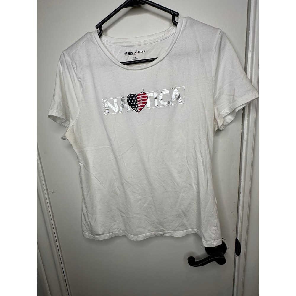 Nautica Womens White Graphic T-Shirt Silver Metallic American Flag Heart M